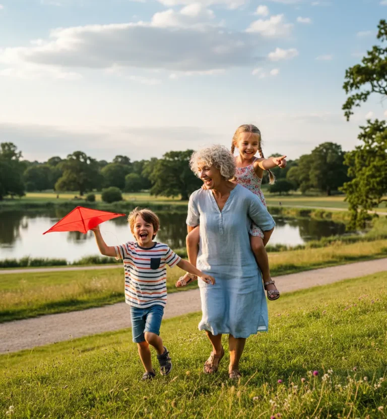Elena smiling and laughing while playing outdoors with her two young grandchildren.